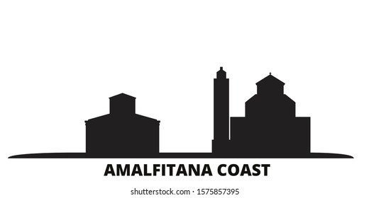 Italy, Amalfi Coast city skyline isolated vector illustration. Italy, Amalfi Coast travel black cityscape