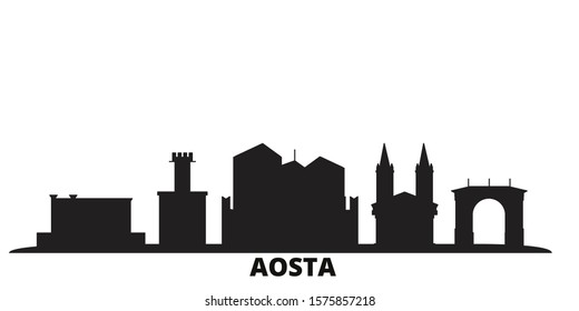 Italy, Aosta city skyline isolated vector illustration. Italy, Aosta travel black cityscape