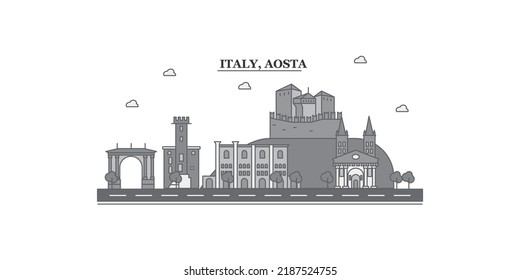 Italy, Aosta city skyline isolated vector illustration, icons