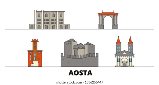 Italy, Aosta flat landmarks vector illustration. Italy, Aosta line city with famous travel sights, skyline, design. 