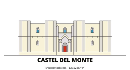 Italy, Apulia, Castel Del Monte flat landmarks vector illustration. Italy, Apulia, Castel Del Monte line city with famous travel sights, skyline, design. 