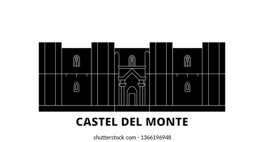 Italy, Apulia, Castel Del Monte flat travel skyline set. Italy, Apulia, Castel Del Monte black city vector illustration, symbol, travel sights, landmarks.