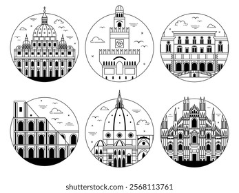 Italy architectural landmarks circle travel icons with tourist places including castle, cathedral, palace and amphitheater in line art. Popular Italian architectural symbols and buildings icon set.