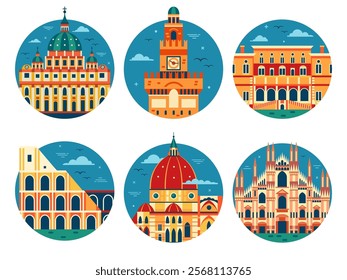 Italy architectural landmarks circle travel icons with tourist places including castle, cathedral, palace and amphitheater in flat design. Popular Italian architectural symbols and buildings icon set.