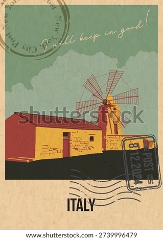 Italy Attraction Postcard, Sicily Windmill Landmark Illustration, Vector Template Retro Style Greeting Card. Postal Imprint, Aged Paper Texture