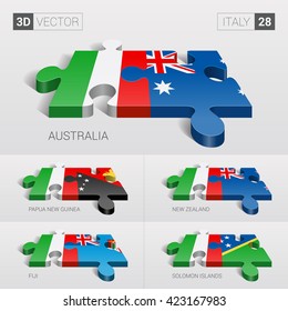 Italy and Australia, Papua New Guinea, New Zealand, Fiji, Solomon Islands Flag. 3d vector puzzle. Set 28.
