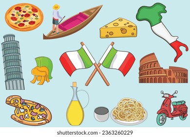 Antecedentes italianos con comida italiana y banderas con elementos gráficos e Italia Mapa fijado para el Día Nacional de Italia Banner con Pizza y Spaghetti, Roma Icons Vector Bundle