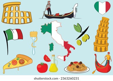 Antecedentes italianos con comida italiana y banderas con elementos gráficos e Italia Mapa fijado para el Día Nacional de Italia Banner con Pizza y Spaghetti, Roma Icons Vector Bundle