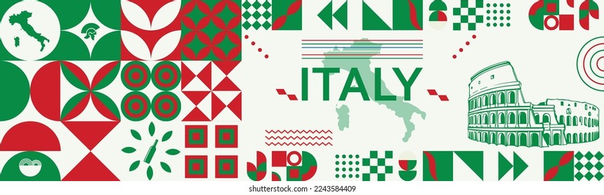 Italy banner with map and culture things, italy national day or holiday