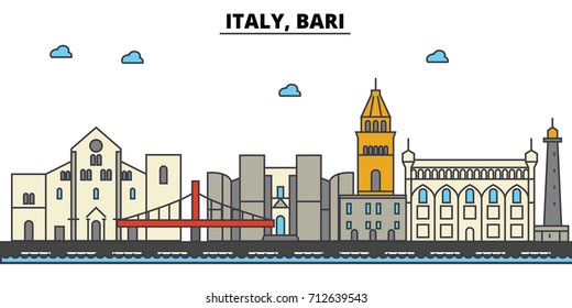 Italy, Bari. City skyline: architecture, buildings, streets, silhouette, landscape, panorama, landmarks. Editable strokes. Flat design line vector illustration concept. Isolated icons set