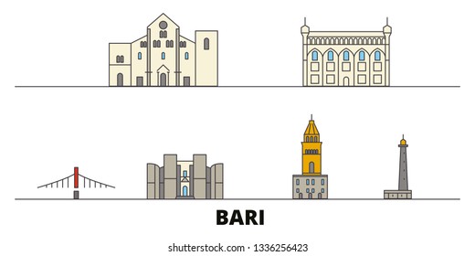 Italy, Bari flat landmarks vector illustration. Italy, Bari line city with famous travel sights, skyline, design. 