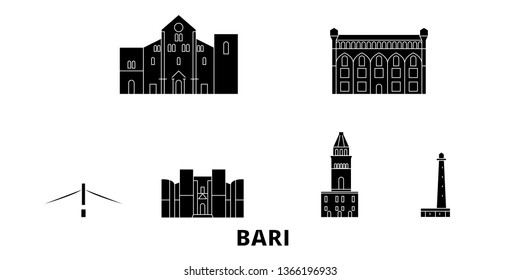 Italy, Bari flat travel skyline set. Italy, Bari black city vector illustration, symbol, travel sights, landmarks.