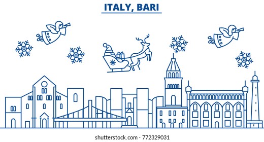 Italy, Bari winter city skyline. Merry Christmas, Happy New Year decorated banner with Santa Claus.Winter greeting line card.Flat, outline vector.Linear christmas snow illustration