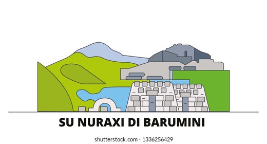 Italy, Barumini, Su Nuraxi Di Barumini  flat landmarks vector illustration. Italy, Barumini, Su Nuraxi Di Barumini  line city with famous travel sights, skyline, design. 