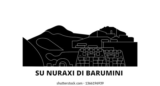 Italy, Barumini, Su Nuraxi Di Barumini  flat travel skyline set. Italy, Barumini, Su Nuraxi Di Barumini  black city vector illustration, symbol, travel sights, landmarks.