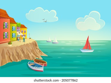 Italy. Beautiful cartoon style landscape with sea, boats and Italian city on the high rocky coast with romantic colorful houses and ice-cream cafe on the street with couple. Vector design illustration
