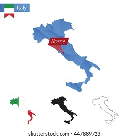 Italy blue Low Poly map with capital Rome, versions with flag, black and outline. Vector Illustration.
