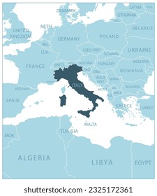 Italy - blue map with neighboring countries and names. Vector illustration