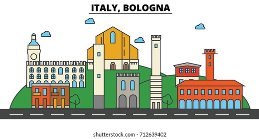 Italy, Bologna. City skyline: architecture, buildings, streets, silhouette, landscape, panorama, landmarks. Editable strokes. Flat design line vector illustration concept. Isolated icons set