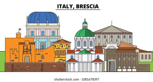 Italy, Brescia. City skyline, architecture, buildings, streets, silhouette, landscape, panorama, landmarks. Editable strokes. Flat design line vector illustration concept. Isolated icons