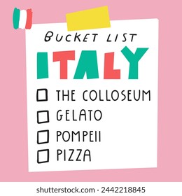Italy. Bucket list. Vector design. Illustration on pink background.