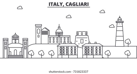 Italy, Cagliari architecture line skyline illustration. Linear vector cityscape with famous landmarks, city sights, design icons. Landscape wtih editable strokes