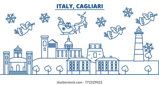 Italy, Cagliari winter city skyline. Merry Christmas, Happy New Year decorated banner with Santa Claus.Winter greeting line card.Flat, outline vector.Linear christmas snow illustration