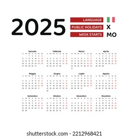 Italy calendar 2025. Week starts from Monday. Vector graphic design. Italian language.