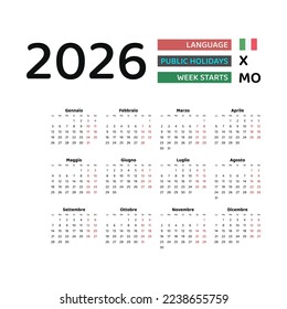 Italy calendar 2026. Week starts from Monday. Vector graphic design. Italian language.