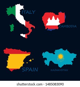 Italy Cambodia Spain Kazakhstan World map-countries in color on white background