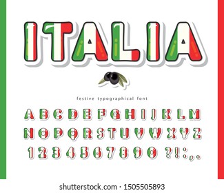 Italy cartoon font. Italian national flag colors. Paper cutout glossy ABC letters and numbers. Bright alphabet for tourism t-shirt, cap design. Vector illustration