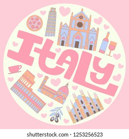 Italy cartoon travel vector map, symbols and other, decorative poster flat style for design tourism