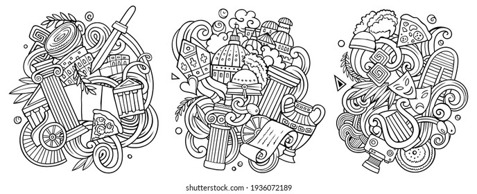 Italy cartoon vector doodle designs set. Line art detailed compositions with lot of Italian objects and symbols. Isolated on white illustrations