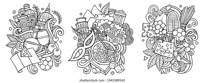 Italy cartoon vector doodle designs set. Line art detailed compositions with lot of Italian objects and symbols. Isolated on white illustrations