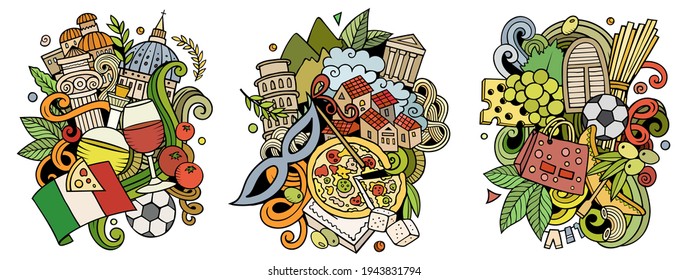 Italy cartoon vector doodle designs set. Colorful detailed compositions with lot of Italian objects and symbols. Isolated on white illustrations