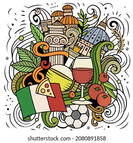 Italy cartoon vector doodle illustration. Colorful detailed composition with lot of Italian objects and symbols