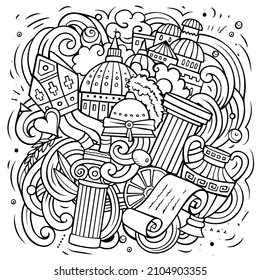 Italy cartoon vector doodle illustration. Sketchy detailed composition with lot of Italian objects and symbols