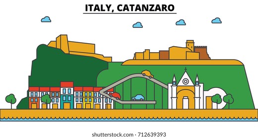 Italy, Catanzaro. City skyline: architecture, buildings, streets, silhouette, landscape, panorama, landmarks. Editable strokes. Flat design line vector illustration concept. Isolated icons set
