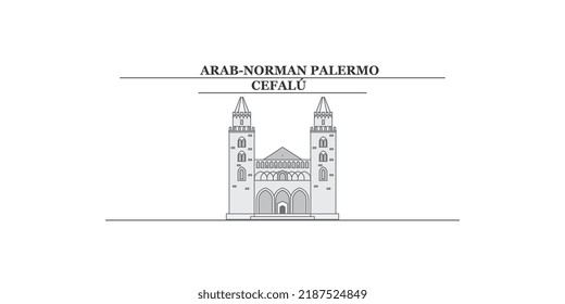 Italy, Cefalu city skyline isolated vector illustration, icons