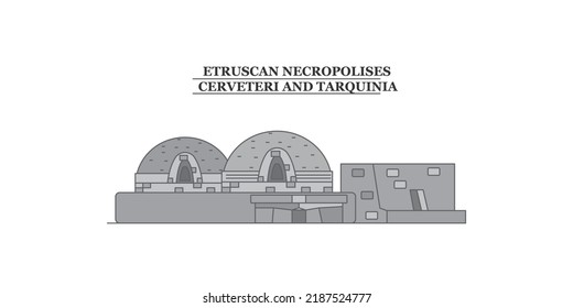 Italy, Cerveteri, Etruscan Necropolises city skyline isolated vector illustration, icons