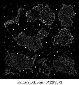 Italy, China, Germany, Australia, Canada, America, Japan, Russia, set, constellation maps vector