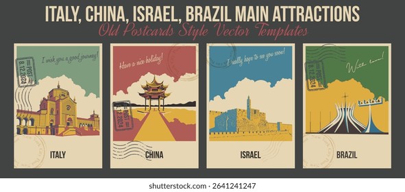Italy, China, Israel and Brazil Main Attractions Postcards, Milan Monumental Cemetery, Jerusalem Tower of David, Jixian Pavilion, Cathedral of Brazil. Retro Style Greeting Cards. Vintage Colors