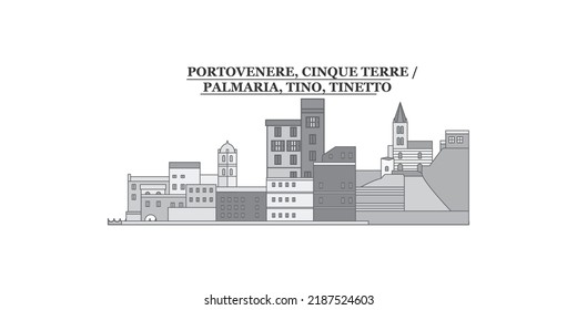 Italy, Cinque Terre city skyline isolated vector illustration, icons