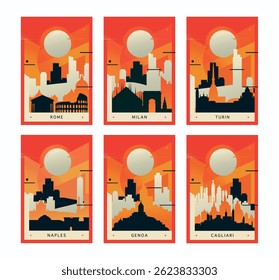 Italy cities brutalism poster pack with skylines, landmarks of Rome, Milan, Naples, Turin, Genoa, Cagliari. Vector illustration set. Travel cover, brochure, flyer, leaflet, images