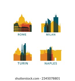 Italienische Städte Symbole Set, moderne skyline cityscape Logo Set, Paket. Kollektion von Vektorsymbolen für Rom, Neapel, Turin, Mailand