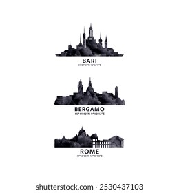 Italy cities logo and icon set. Vector graphic collection for Bari, Bergamo, Rome. Skyline, panoramic emblems 