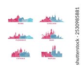 Italy cities skyline vector logo, icon set. Watercolor Rome, Florence, Cagliari, Bari, Catania, Naples silhouette. Isolated graphic collection