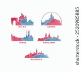 Italy cities skyline vector logo, icon set. Watercolor Milan, Bergamo, Genoa, Turin, Bologna silhouette. Isolated graphic collection