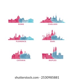 Logo del Vector del horizonte de las ciudades de Italia, conjunto de iconos. Acuarela Roma, Florencia, Cagliari, Bari, Catania, silueta de Nápoles. Colección gráfica aislada