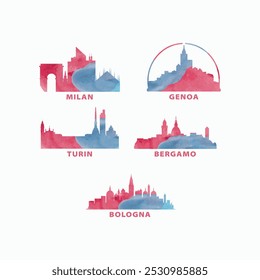 Logo del Vector del horizonte de las ciudades de Italia, conjunto de iconos. Acuarela Milán, Bérgamo, Génova, Turín, silueta de Bolonia. Colección gráfica aislada